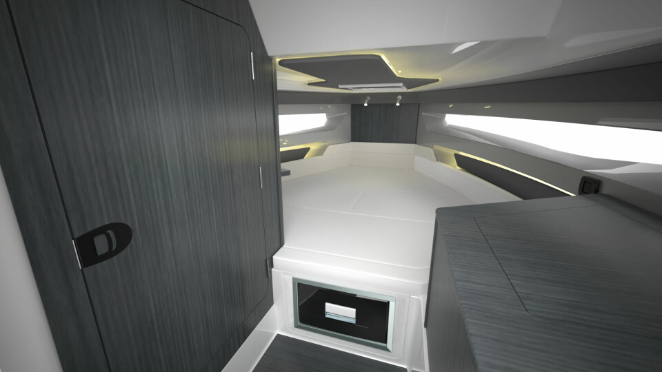 SENGEPLASS: Kabin med dobbeltkøye, utstyrt med store vindusflater, LED-belysning samt innelukket toalett.