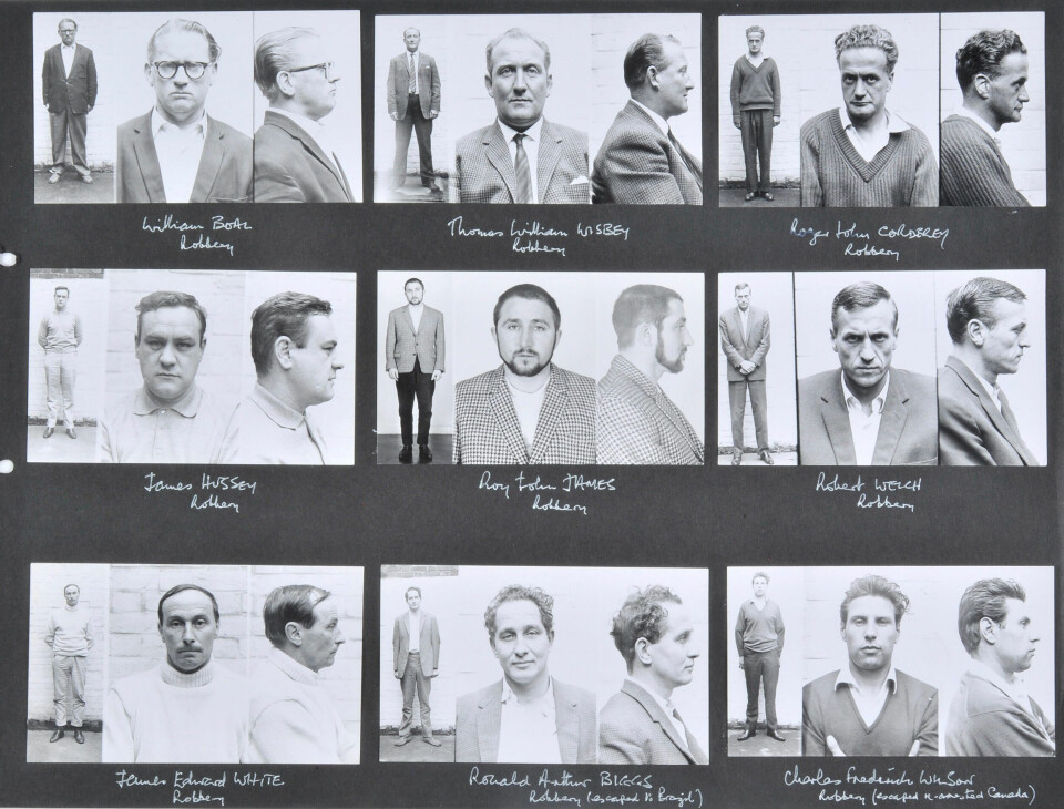 LITT AV EN BANDE: Politiets bilder av 9 av de 16 togranerne. Ronnie Biggs i midten i nederste rekke.