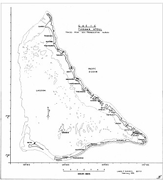 <b>TARAWA:</b> Øyriket Tawara. Øya Betio ligger helt nederst til venstre.