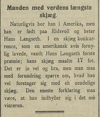 <b>GAMLELANDET:</b> Beretningene om den utvandrede skjeggkongen nådde også norske aviser. Klippet er fra Eidsvold Blad i 1922.
