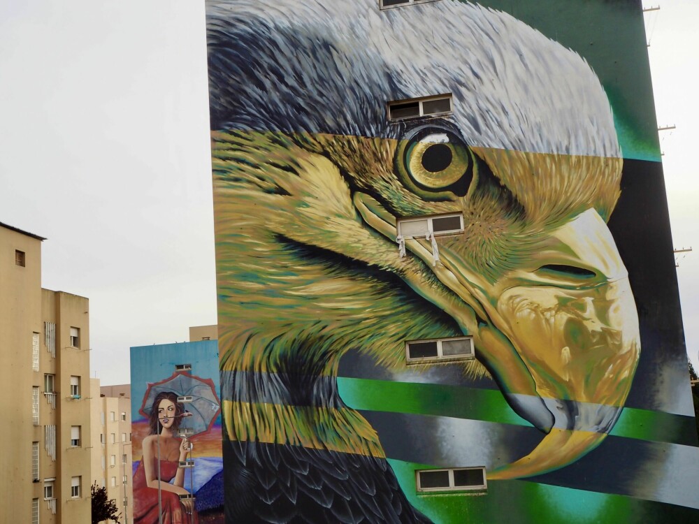 <b>HØY BESKYTTER:</b> Denne ørnen i Bairro Padre Cruz er fra 2018. Artisten har kunstnernavnet Styler. 