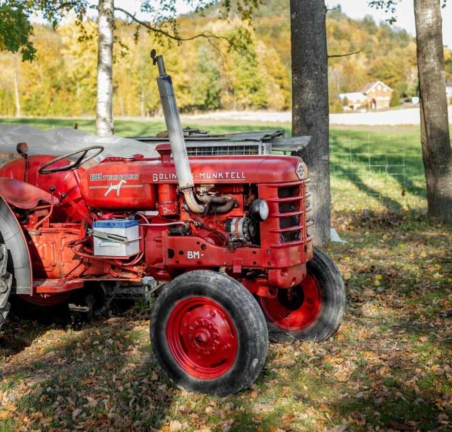 En fin, gammel traktor av typen BM Terrier fra 1961 er etter Ann-Helens mening Simens «baby». Den driver han stadig og pusser opp og flikker på, og den er også mye i bruk på eiendommen.
