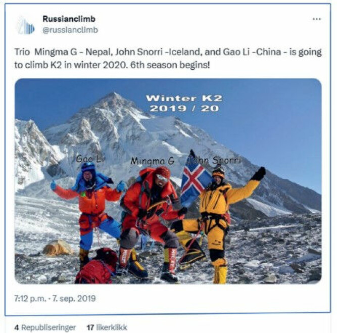 <b>SPLITTET AV KONFLIKT:</b> Islendingen John Snorri, kineseren Gao Li og sherpaen Mingma G utgjorde et opti­mis­tisk team som tok sikte på å være historiens første på K2 vinters­tid. Laget gikk i oppløsning på grunn av syk­dom og elendige værforhold.
