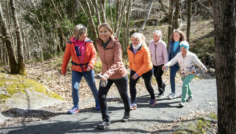 GOD DRIV: Å gå på i bakkene gir naturlig høy puls. Wenche Bragdø (fra venstre), Kjersti Stokkelien, Camilla Agerup, Eva Marit Edwardsen, Rosa Bachmann og Elisabeth Skauge Eriksen går raske turer sammen.