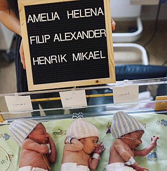 <b>BITTE SMÅ:</b> Filip (t.v.), Amelia og Henrik veide henholdsvis 2008 gram, 1522 gram og 1488 gram da de ble født 29. januar 2019, etter et planlagt keisersnitt.