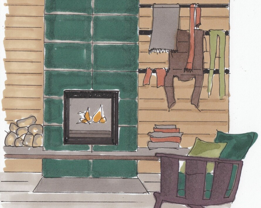 KLESTØRK: I dette eksempelet er det murt inn en rettveggs-peisinnsats, og fra den ene veggen på peisen og bort til endeveggen er det montert flere stenger til klestørk.