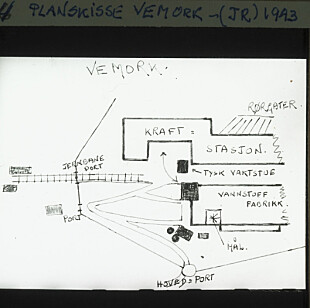 <b>PLANSKISSE:</b> Denne enkle, håndtegnede skissen over Vemork-anlegget er sannsynlig­vis tegnet av Joachim Rønne­berg, den er signert «JR 1943».