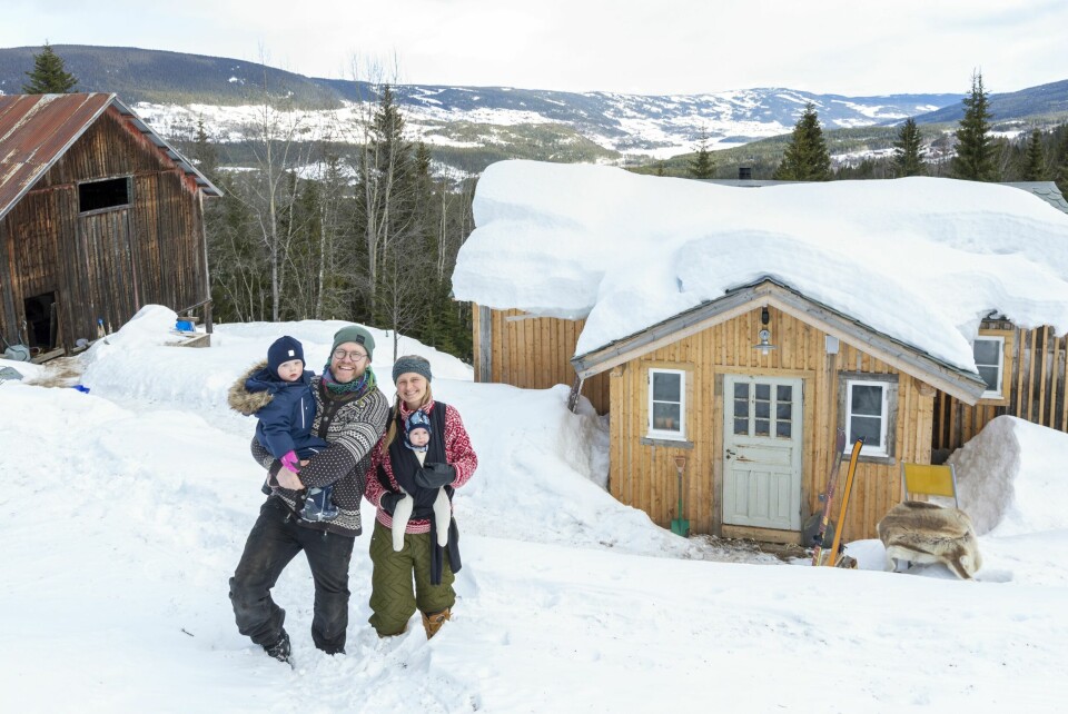 VINTERKOS: Nå er de fire i familien i Øvre Brekkebakkane. De liker å være ute i naturen så ofte de kan, enten på tur eller for å jobbe. De har ikke TV, men koser seg gjerne med en film på PC-en. Her avbildet i 2023.
