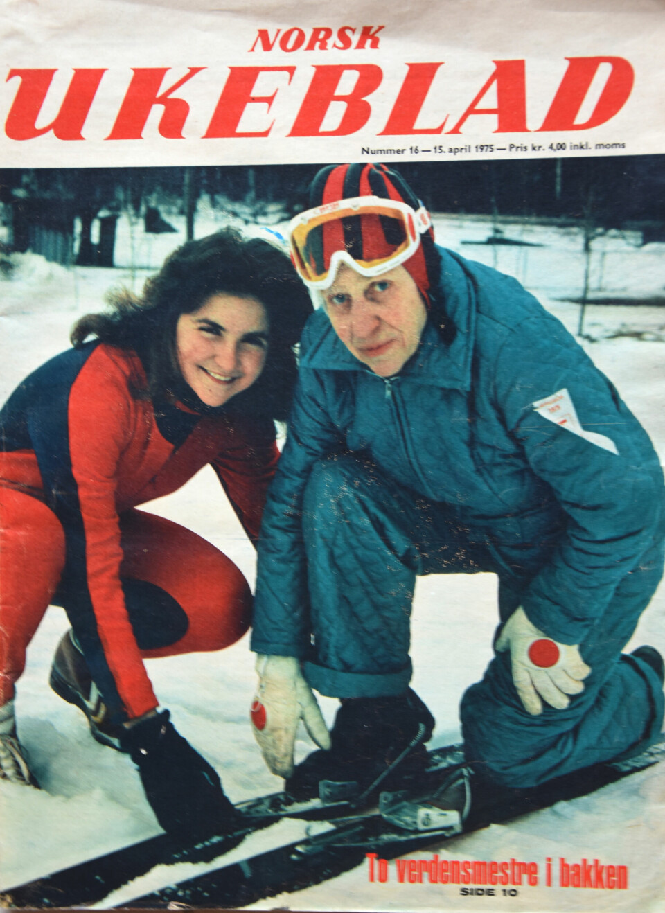 LEGENDER: To hopplegender sammen i Lahti i 1975 i regi av Norsk Ukeblad. Anita Wold har lånt bort utstyret til selveste Johanne Kolstad fra Nordre Land. Faksimile fra Norsk Ukeblad nr. 16/1975.