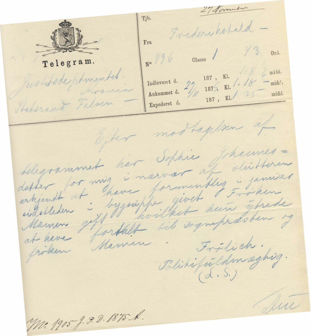 <b>TILSTÅELSE:</b> Et telegram som forteller om Sophies tilståelse av å ha brukt gift som drapsmiddel.