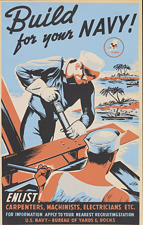 <b>PROPAGANDA:</b> Rekrutterings­plakat for Seabees fra 2. verdenskrig.