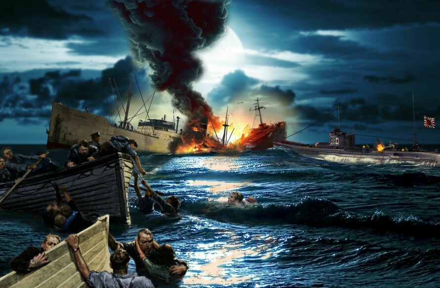 DRAMATISK NATT: Få dager etter Japans angrep på Pearl Harbor, ble skipet Petter Anton Pettersen var påmønstret senket av en japansk ubåt. Les hans egne skildringer av den dramatiske hendelsen. Illustrasjon: Steen Redder