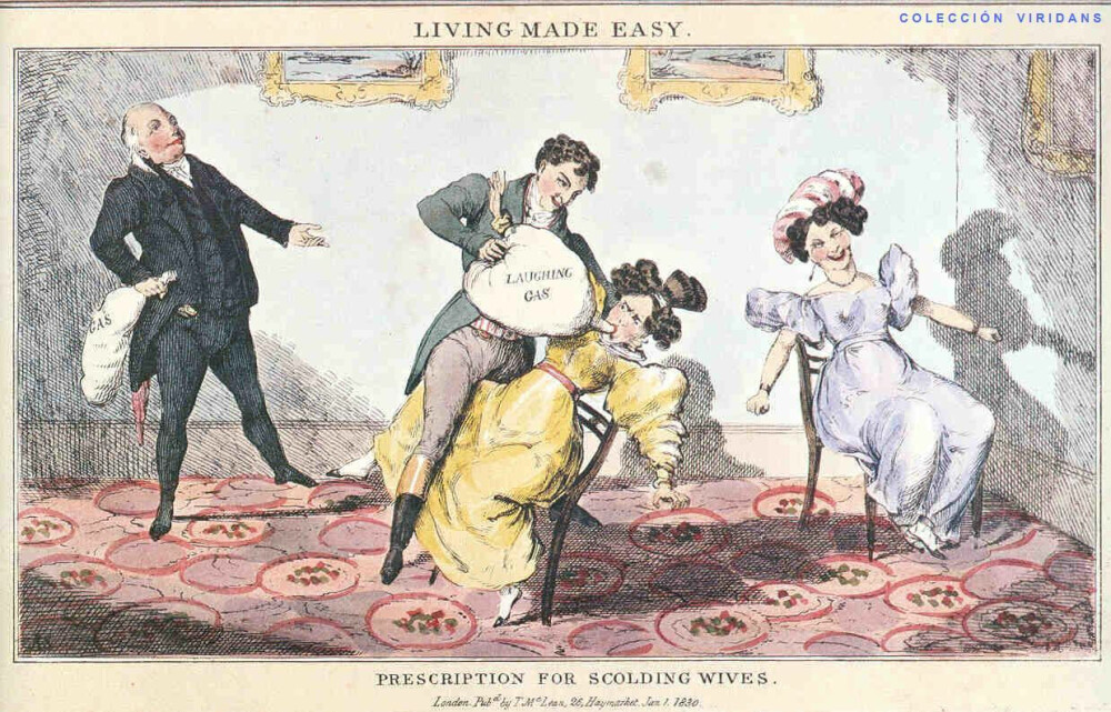 <b>LATTERLIG:</b> Lystgass lansert som «botemiddel mot kjeftende koner» i en humortegning fra 1830. 