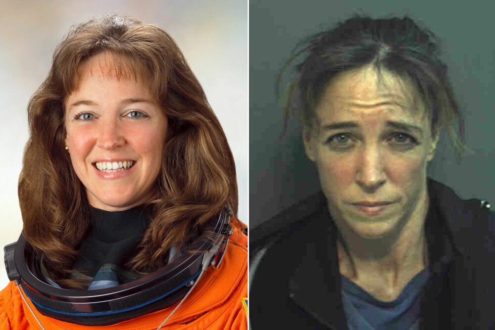 <b>SJALU:</b> Bildet til venstre viser Lisa Marie Nowak på presse­konferansen etter Discoverys landing, 17. juli 2006. Bildet til høyre er tatt et halvt år senere da Nowak ble pågrepet og anklaget for kidnappingsforsøk.