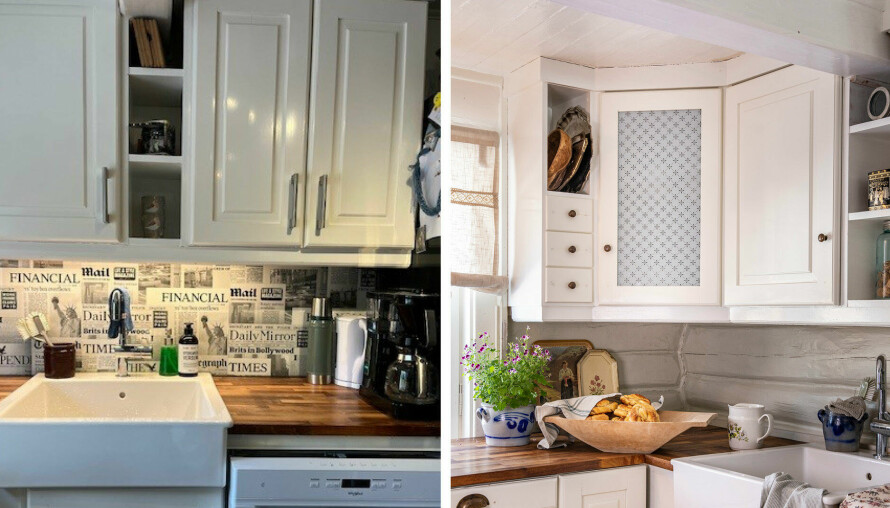 OPPGRADERT: Selve kjøkkeninnredningen har ikke Vibecke skiftet ut, men hun har gitt den en «makeover». Som vi ser i etter-bildet til høyre, har skapdørene fått nye knotter, og så har hun funnet frem til det originale tømmeret i rommet mellom benk og overskap.