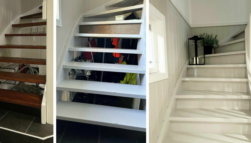 ETT SKRITT TILBAKE: – Trappa var byttet og hevet fra sist vi bodde her, for å få flyttet baderomsdøra fra kjøkken til gang. Jeg liker den gamle stilen og valgte å tette trinnene og å bygge inn garderobe under, forteller Vibecke.