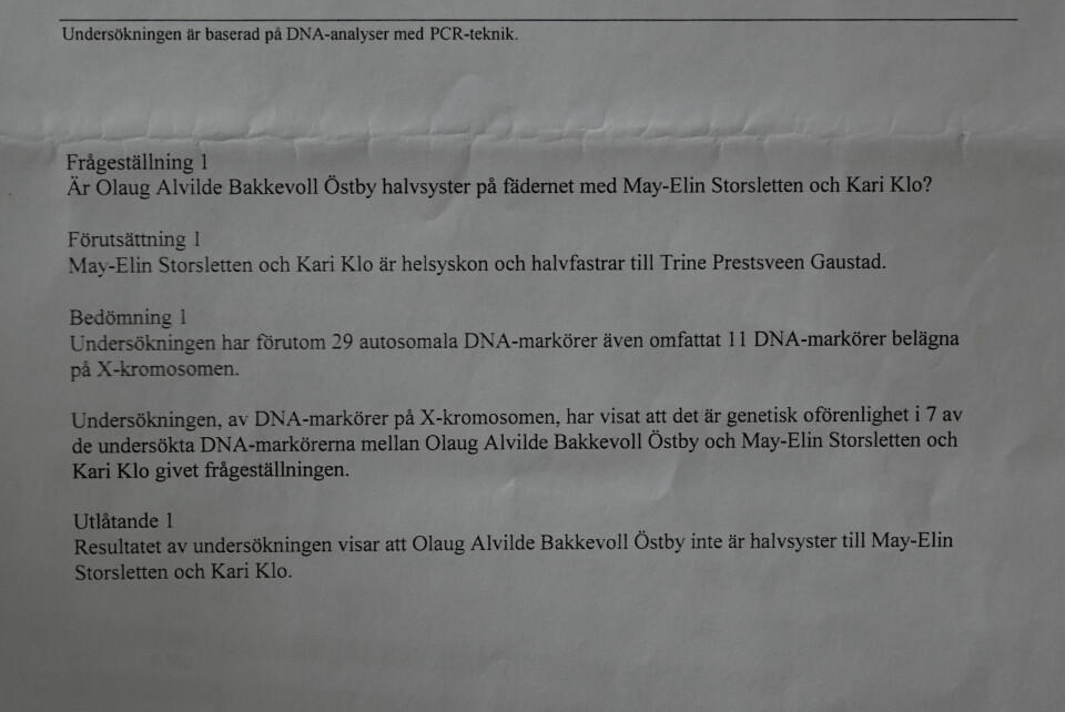 DNA-TEST: Da filmskaperen fikk analysert DNA-prøvene til Olaug, Kari og May-Elin, var svaret at Olaug og de to andre ikke kan være i slekt.