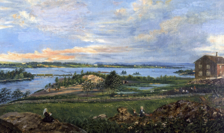 HISTORISK HUS: Kunstmaleren Matthias Stoltenberg (1799–1871) er representert med flere malerier på Nasjonalmuseet. Han bodde en periode i Raudstua, som du ser til høyre i dette verket han malte mens han bodde der.
