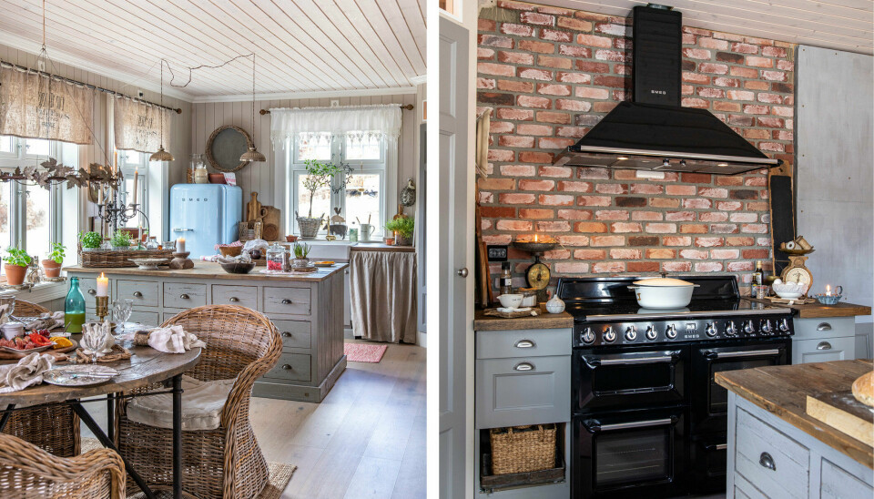 LANDLIG KJØKKEN: Therese har satt sammen sitt eget landlige kjøkken, og benken er to kjøpmannsdisker fra Home and Cottage. Over Falcon-ovnen har Therese lagd en teglsteinsvegg. Teglstein på matter er limt på veggen.