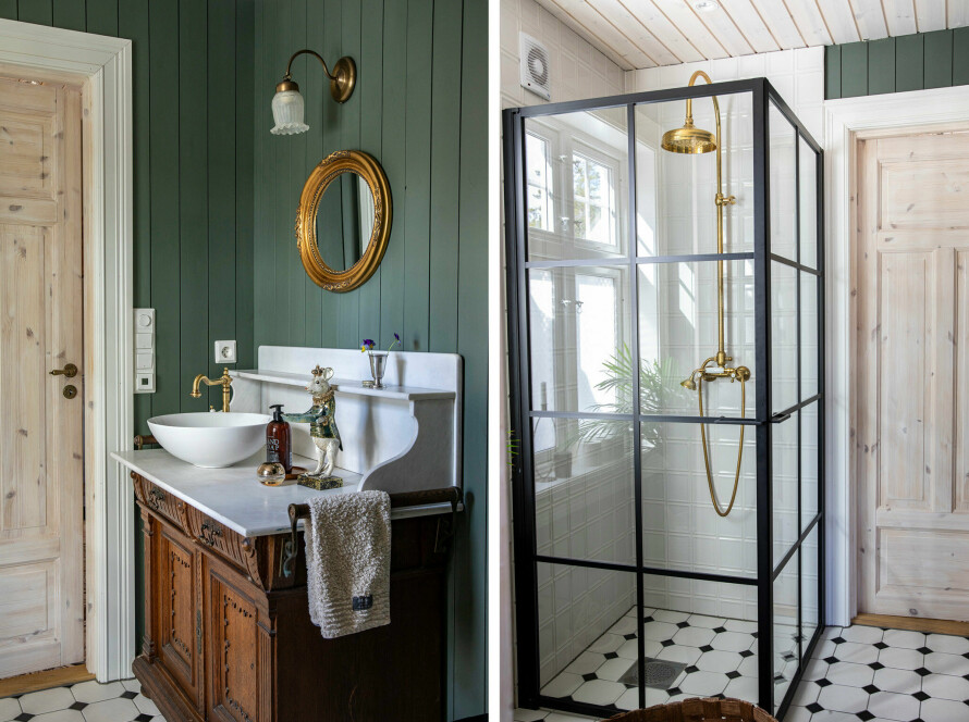 RENE LINJER: Badet i første etasje har fått et klassisk utseende. Det er også innslag av gjenbruk her, med en gammel skjenk som baderomsmøbel.