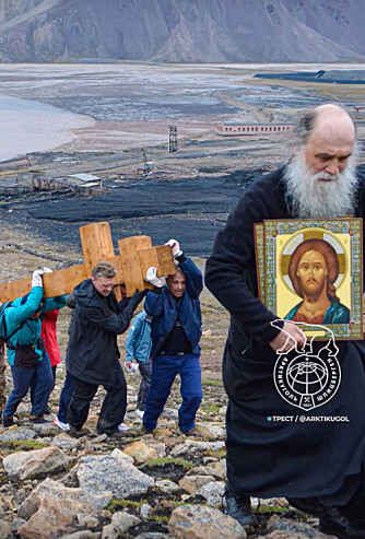 <b>PYRAMIDEN:</b> Den Putin-lojale biskopen Jakov av Naryan-Mar og Mezen, ledet kors-aksjonen i Pyramiden. Skjermbilde fra video.