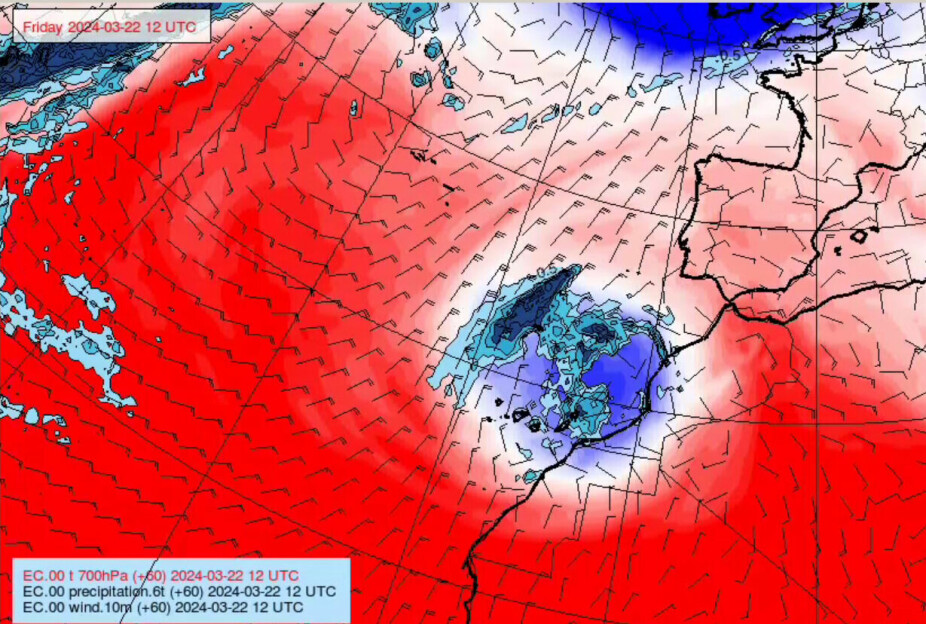 KALDLUFTSBOBLE: Denne boblen med kaldluft over Kanariøyene kan gi nedbør fremover. Dette er prognosen for fredag 22. mars, hentet ut av StormGeo.