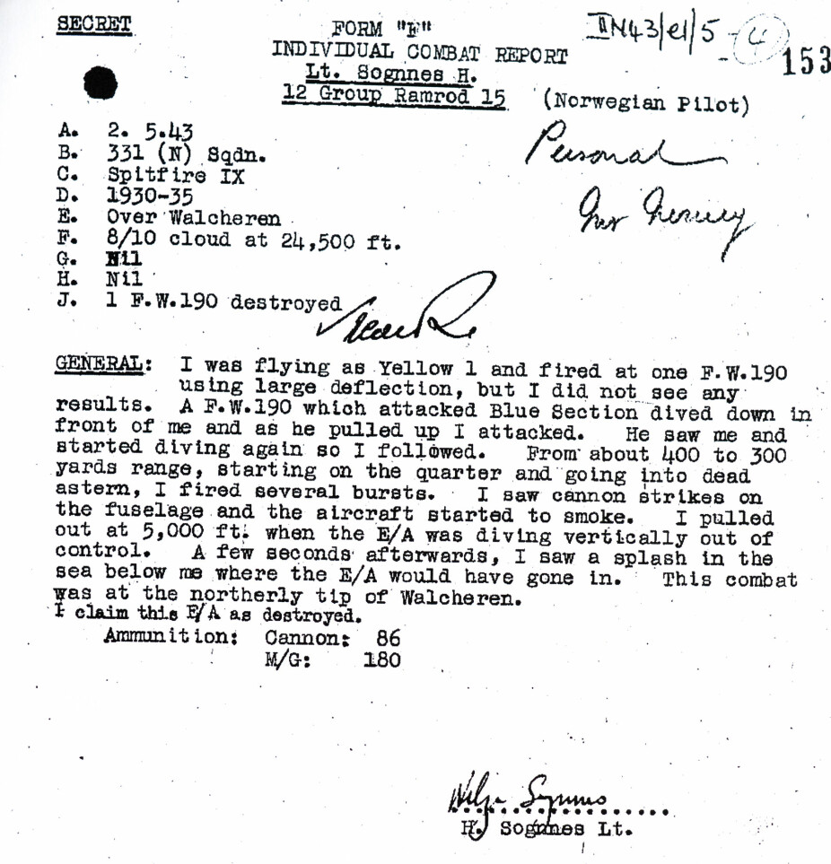 <b>RAPPORT FRA JAGERESSET:</b> Slik så Helge Sognnæs› rapport ut etter hans 5. nedskyting 2. mai 1943. 