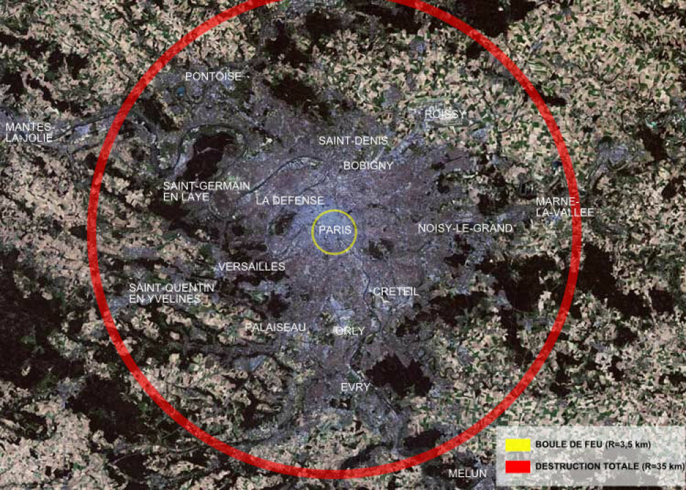 <b>UTSLETTELSE:</b> Denne skissen er laget for å illustrere ødeleg­gelses­potensialet til en hydro­gen­bombe på størrelse med Tsarbomben. Den gule ringen viser området som vil bli slukt av en ildkule. Den røde viser områ­det i en radius på 35 kilometer som vil bli totalt ødelagt.