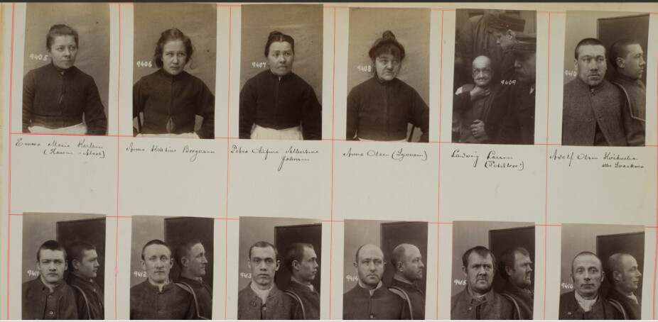 <b>SKILLER SEG UT:</b> Fra Kristiania politikammers forbryteralbum for årene 1904–1906. Ludvigs fangefoto nummer to fra høyre i øverste rad. 