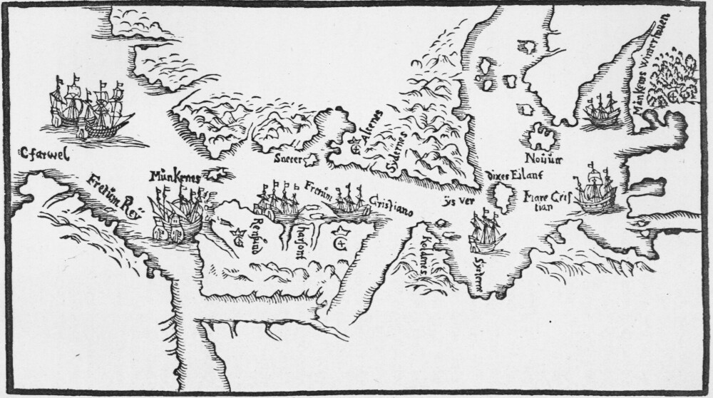 <b>HUDSONSTREDET:</b> Jens Munks håndtegnede kart over området mellom Kapp Farvel (Grønland), Hudsonstredet og Hudsonbukta, sett fra nord. Fra Jens Munks beretning om reisen (Navigatio Septentrionalis, 1624).