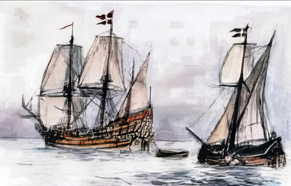 <b>SKIPENE:</b> Slik tenker en maler at kanskje skipene Enhjørningen og Lamprenen så ut, der de la i vei for å finne Nordvestpassasjen våren 1619.