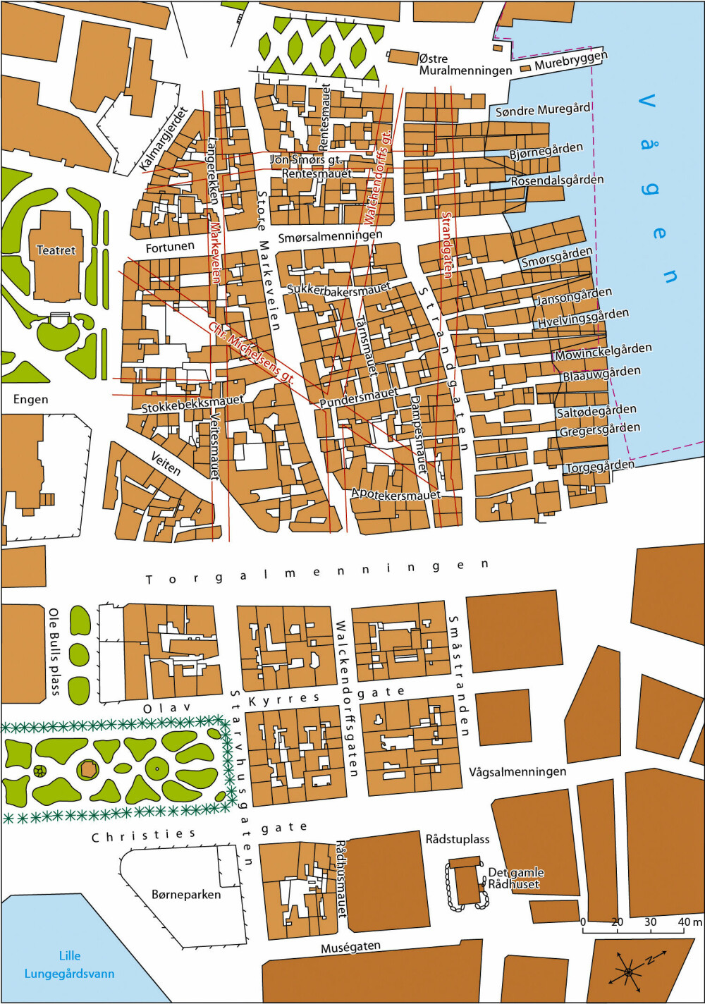 <b>RUINER:</b> Kartet viser området som ble herjet av brann i januar 1916. De røde stripene markerer gatene som i dag går igjennom området etter at alle bygninger i strøket nord for Torgallmen­ningen var jevnet med jorden.