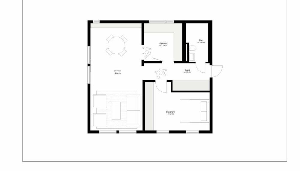 Planløsning alternativ 2: I dette alternativet flytter vi soveromsveggen 85 cm bakover, slik at det blir plass til en skaprekke med 75 cm dybde med skyvedører på første vegg til venstre når man kommer inn. Med denne løsningen vil man få romslig med skapplass både på soverommet og i gangen.