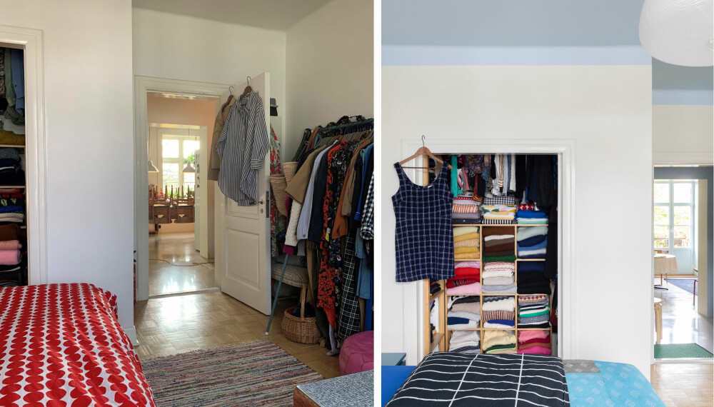 <b>GARDEROBE FØR OG NÅ:</b> – Jeg har alltid drømt om en stor garderobe, men må enn så lenge klare meg med mitt step in-closet, sier Kristin, som er mer fornøyd med fargene slik det ser ut nå (bildet t.h.) For å holde skapet ryddig og oversiktlig, rydder hun i klærne et par ganger i året.