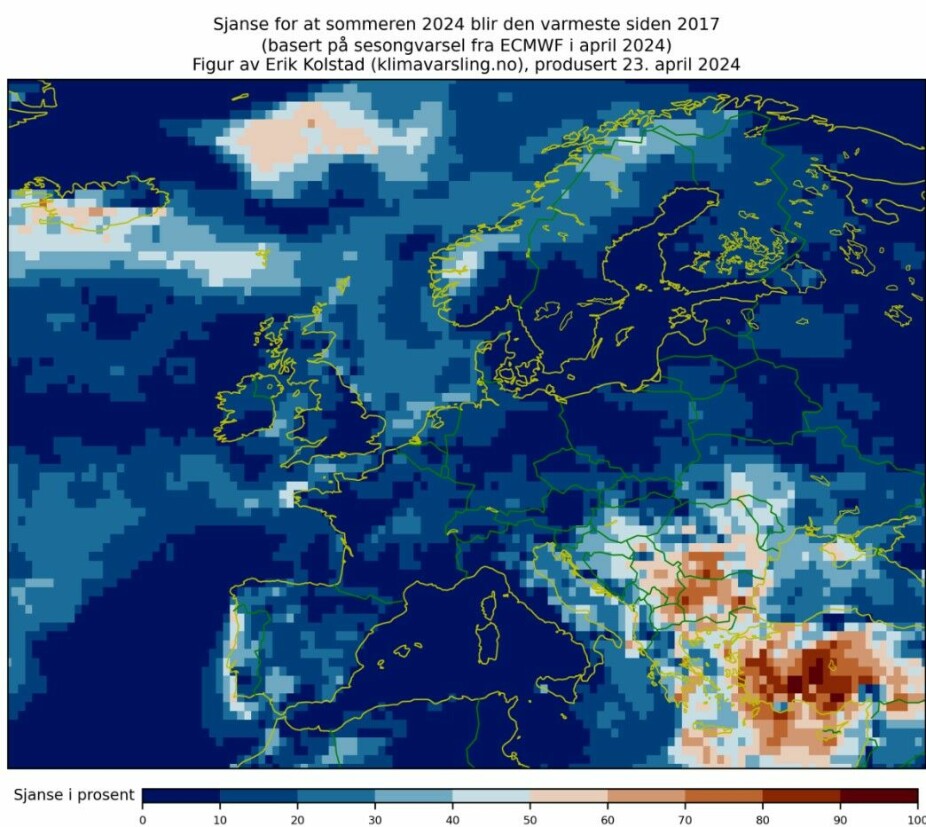 <b>LITEN SANNSYNLIGHET:</b> Klimaforsker Erik Kolstad har gjort sin egen analyse basert på faktiske værobservasjoner istedenfor bare prognoser. Lite tyder på rekordvarm norsk sommer, er konklusjonen.