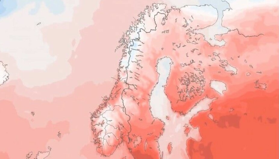 <b>VARMERE:</b> Utover neste uke plasserer høytrykkene og lavtrykkene seg slik at varm luft sørfra kommer opp over Sør-Norge. Denne illustrasjonen viser hvor sannsynligheten er størst for høye temperaturer 1. mai.