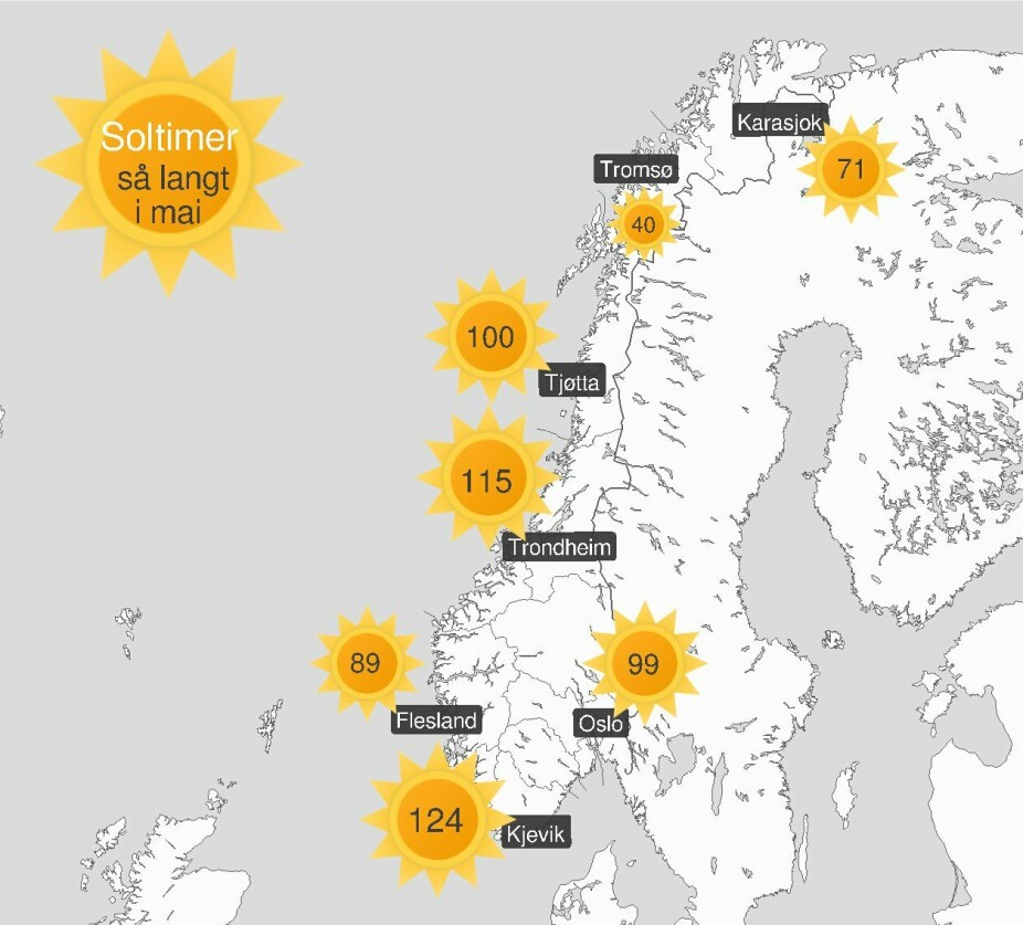 <b>MYE SOL:</b> Illustrasjonen postet av @Meteorologene på X (tidl. Twitter) viser hvor mange soltimer utvalgte steder i landet har hatt i perioden 1.–12. mai 2024. Solstrålene har altså ikke vært helt jevnt fordelt, men på 17. mai 2024 ser det ut til å bli pent vær over det meste av landet.