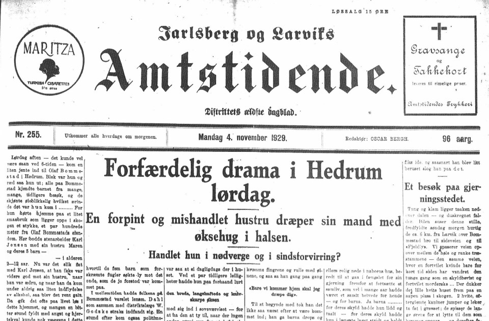 RYSTENDE DRAP: Alle landets aviser slo opp den forferdelige tragedien. Man spekulerte i om kvinnen som hadde drept sin mann var sinnsforvirret eller om hun handlet i selvforsvar.