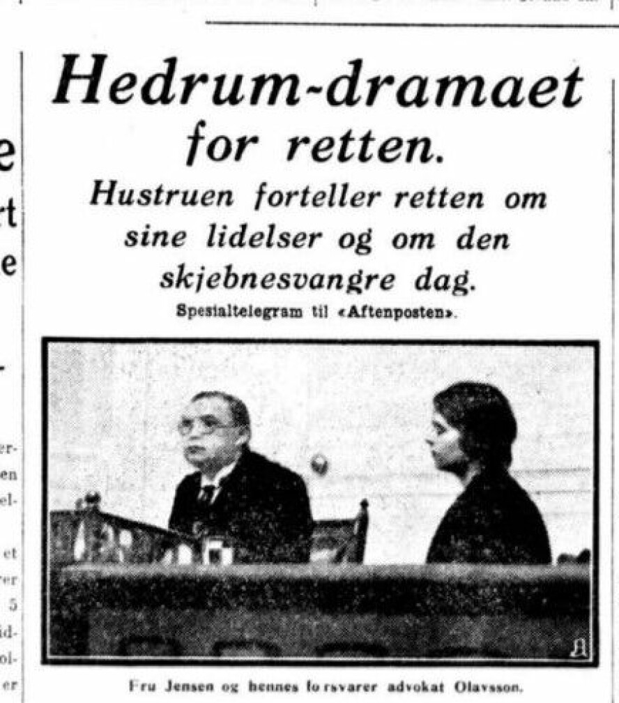 FIKK SYMPATI: Stillferdige Maren Jensen fikk stor sympati i retten da livet hennes ble brettet ut. I over ti år hadde hun levd i konstant redsel for både sitt eget og de fem små barnas liv.(Faksimile: Aftenposten 21. februar 1930)