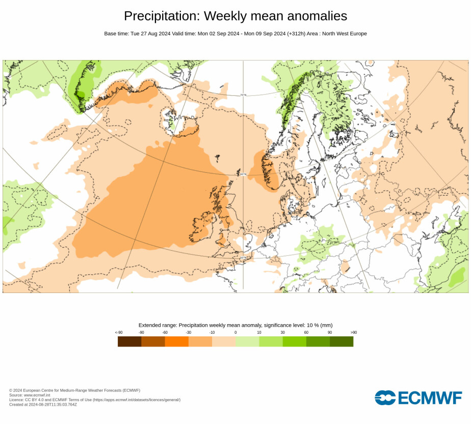 Precipitazioni inferiori al normale: i campi gialli indicano che ci saranno precipitazioni inferiori al normale, e il verde corrisponde a più del normale, secondo le previsioni per la prima settimana di settembre. Precipitazioni inferiori al normale: i campi gialli indicano che ci saranno precipitazioni inferiori al normale, e il verde corrisponde a più del normale, secondo le previsioni per la prima settimana di settembre.