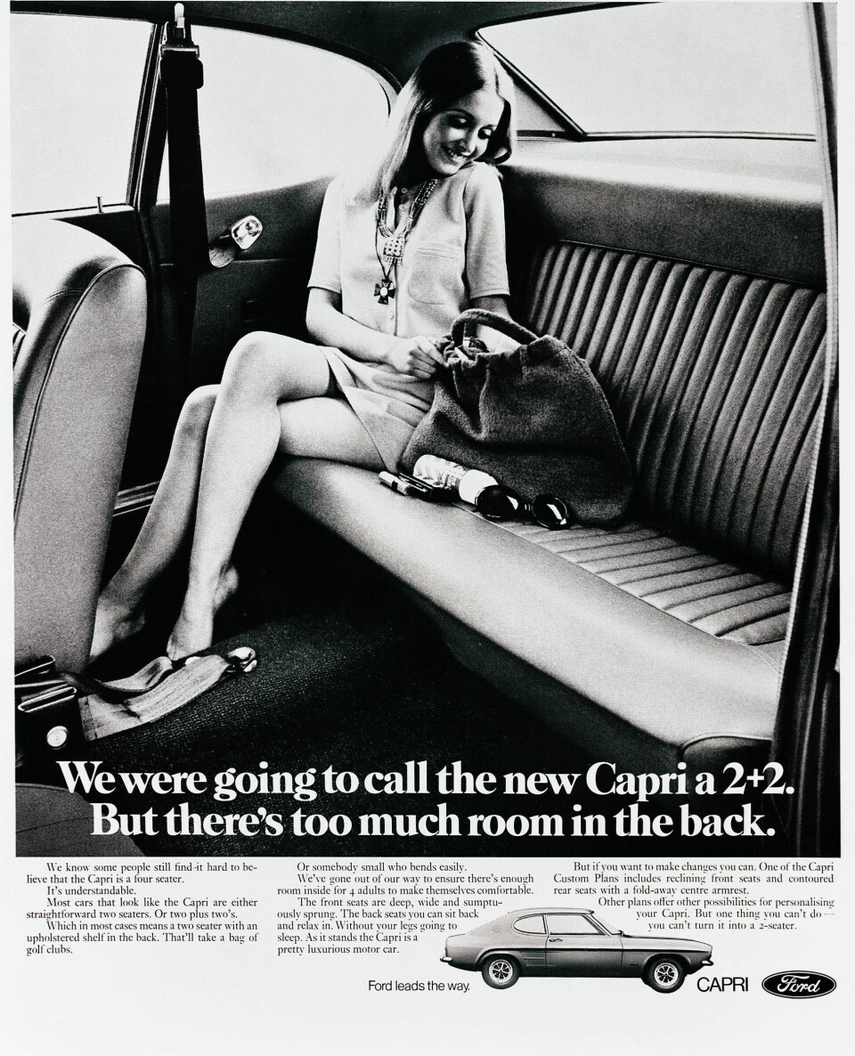 PLASS: Ford mente det var svært god plass i baksetet til Capri.