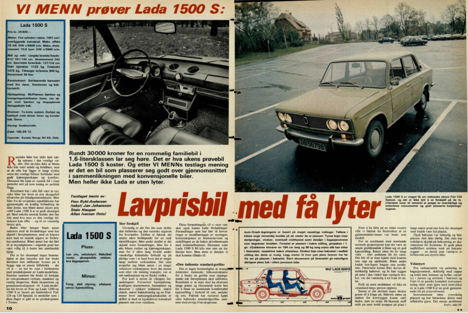 FORGJENGEREN: Test av Lada 1500 S i Vi Menn i 1975. En del pluss, og noen minus: Tung, død styring, ufølsom servo og sittestilling.
