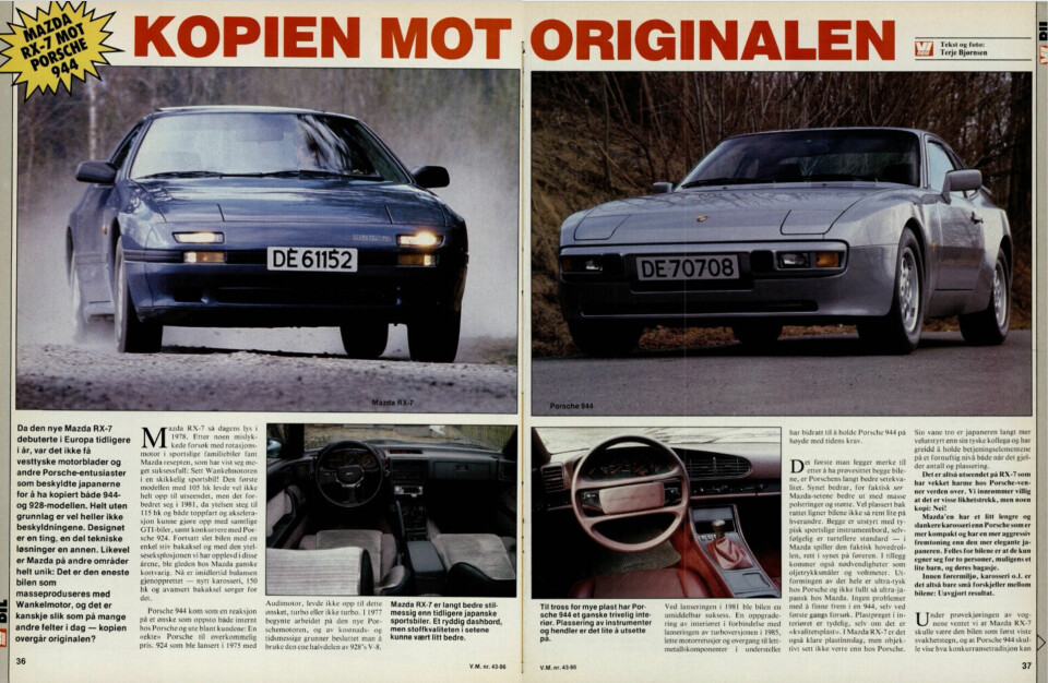 JAPANSKE PORSCHE: Porsche-entusiaster og tyske bilmagasiner beskyldte japanerne for å ha kopiert Porsche 924, 944 og 928 da andre generasjon RX-7 kom. Motormessig var det imidlertid ingen likheter. Faksimile av Vi Menn i 1986 da vi testet RX-7 mot Porsche 944.