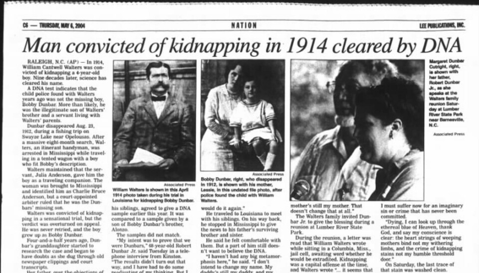 RENVASKET: I 2004 kom sannheten endelig frem. William Walters (t.v) og Julia Anderson (t.h.) hadde snakket sant hele tiden. Men prisen de hadde måttet betale for uretten begått mot dem, var høy. Bildet til høyre er av Bobby Dunbars sønn Bob Dunbar jr. og Bobby Dunbars barnebarn Margaret. Deres ønske om å finne sannheten, førte til at gåten omsider fikk sin løsning.