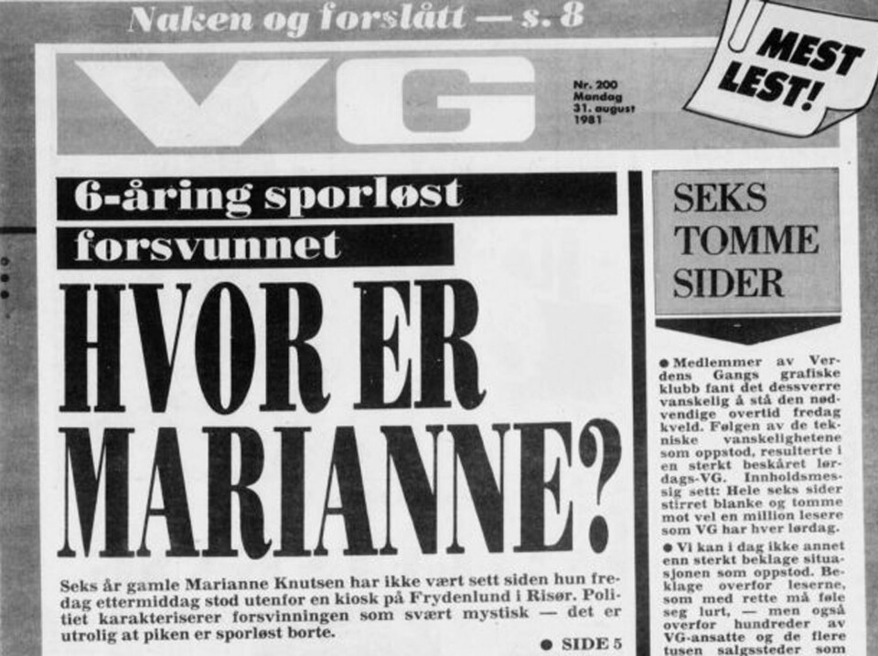 MARIANNE-SAKEN: 28. august 1981 forsvant seks år gamle Marianne Rugaas Knutsen. Saken ble gjenstand for omfattende politietterforskning og intens medieoppmerksomhet.