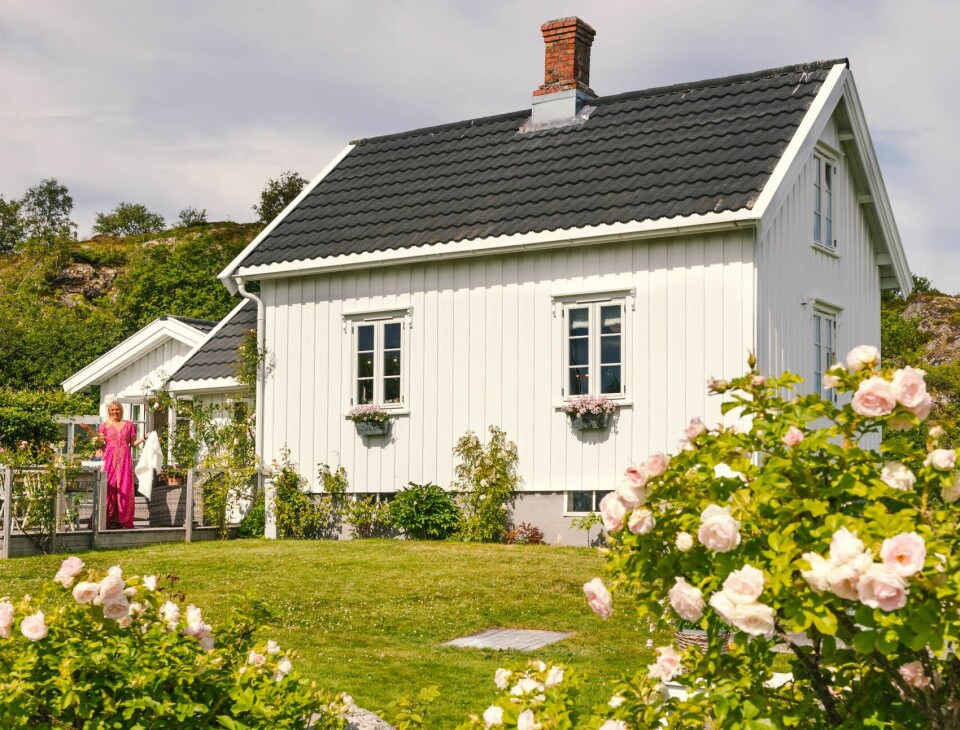 STOR LIDENSKAP: I hagen har Kine plantet rundt 70 rosebusker. Hun er spesialpedagog, underviser i kunst og håndverk, og har laget mye til hytta og hagen selv.