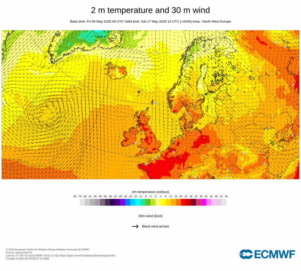 PROGNOSE: Det europeiske senteret for langtidsvarsler (ECMWF) melder har lagt ut følgende temperaturprognose for kl 12.00 17. mai i Nord-Europa. Prognosen er datert 9. mai.