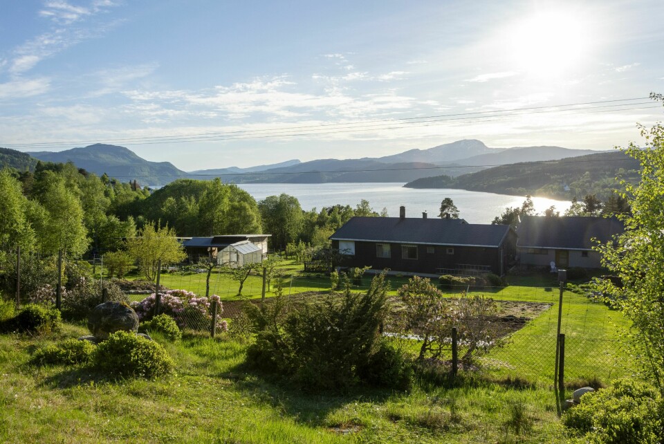 FJORDLANDSKAP: Utsikten mot fjord og fjell er vakker fra Blyberg. Innimellom åkrene er det mye plen som gir gressklipp til jorddekke i åkre og bed.