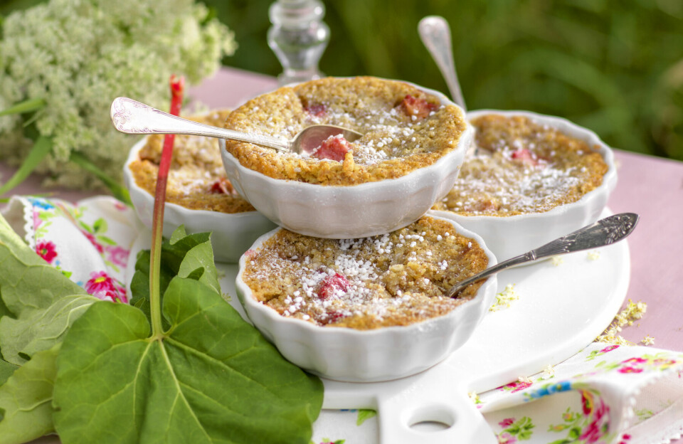 SMAK AV SOMMER: Rabarbraen begynner å bli perfekt i månedskiftet mai-juni. Hva med å bake en deilig rabarbrasmuldrepai?