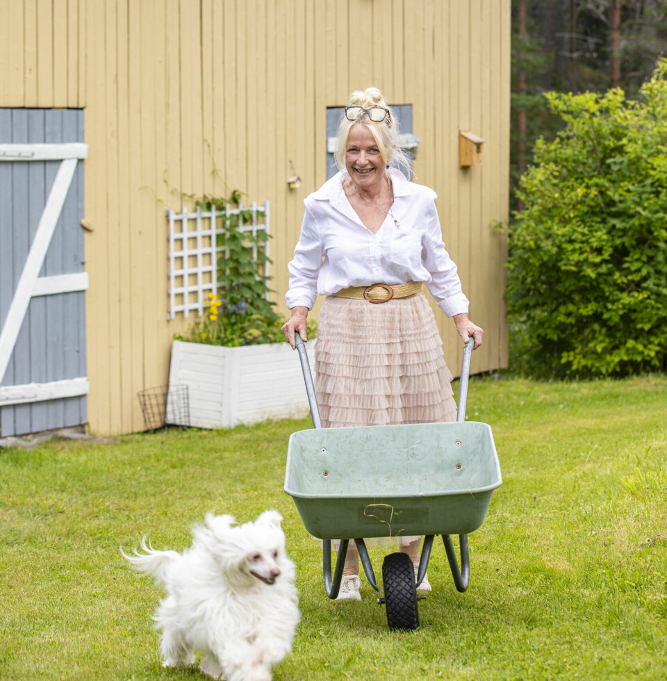 DEN GULE BUA: Helen syns ikke alt trenger å være så tradisjonelt. De fleste uthus er røde, men hun syns det var finere å male deres gult.
